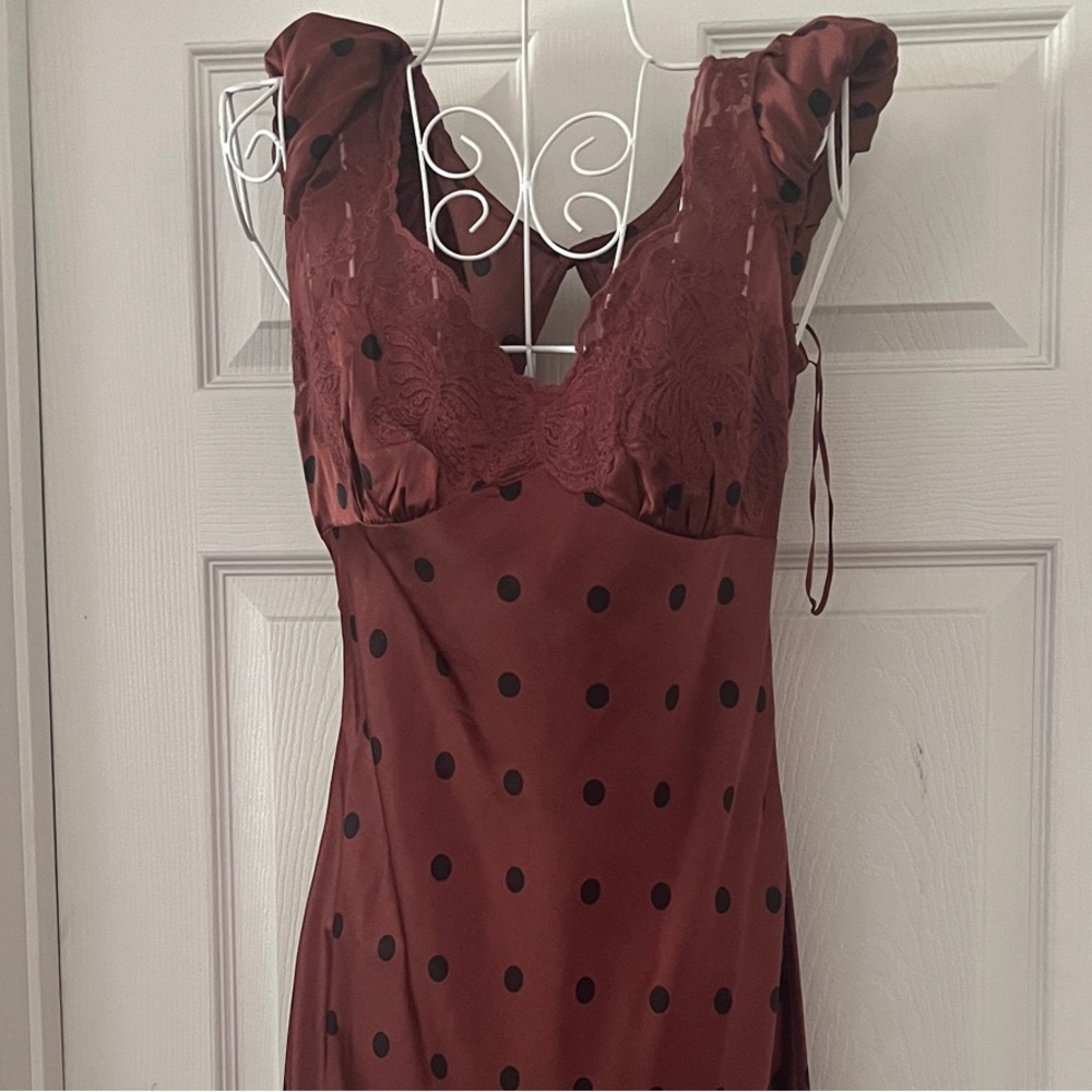 Polka Dot Lace-Trim Maxi Dress in Chestnut Brown